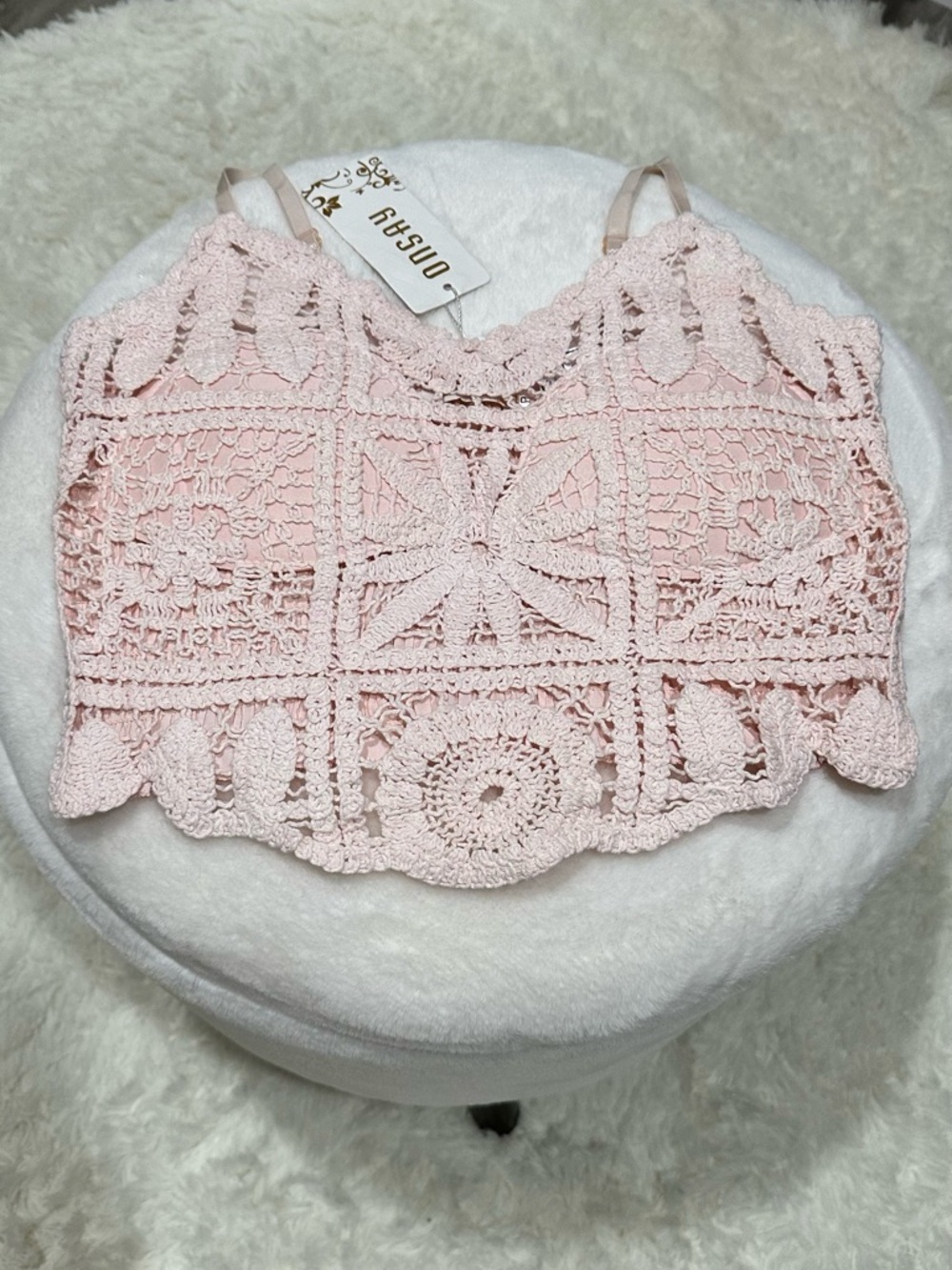Crochet Lace Spaghetti-Strap Crop Top - Light Pink